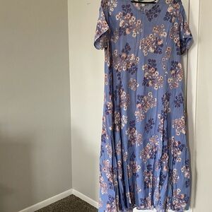 Woman Within Blue Midi Dress with Pink and Tan Floral